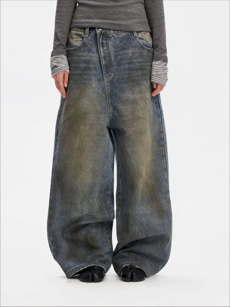 Vintage Yellow Mud Distressed Wide-Leg Jeans【s0000014873】