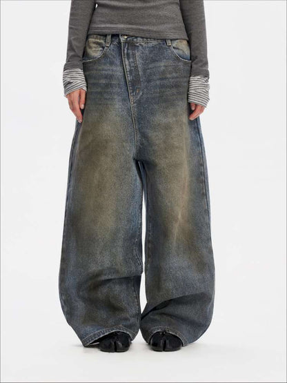 Vintage Yellow Mud Distressed Wide-Leg Jeans【s0000014873】