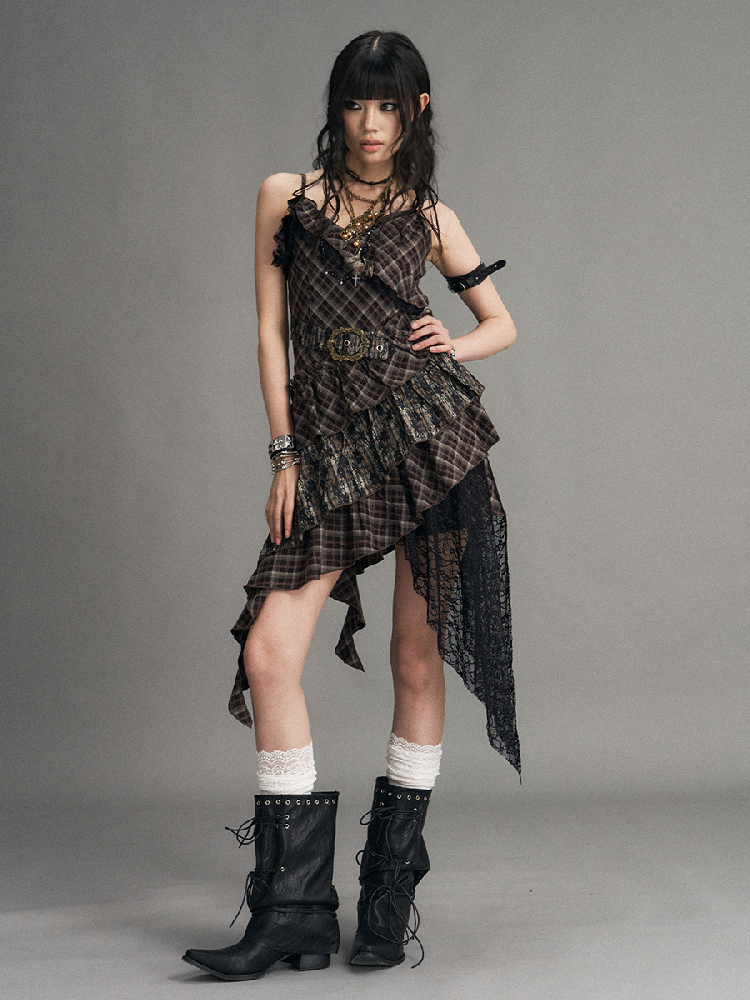 Vintage Patchwork Lace Plaid Dress【s0000017532】