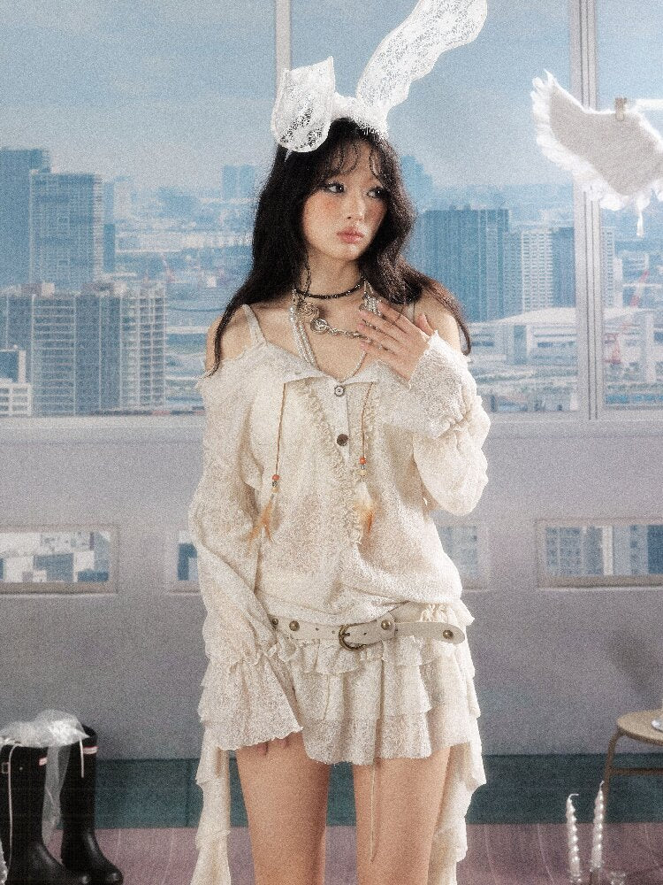 Lace See-Through One-Shoulder Top【s0000016274】