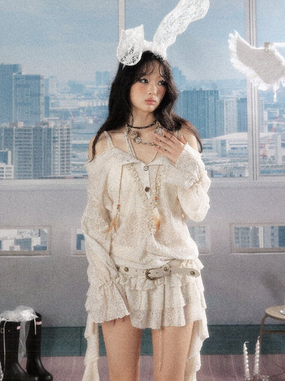 Lace See-Through One-Shoulder Top【s0000016274】