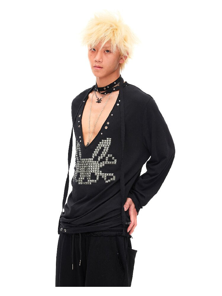 Studded Rabbit Skull Pleated Top【s0000016489】