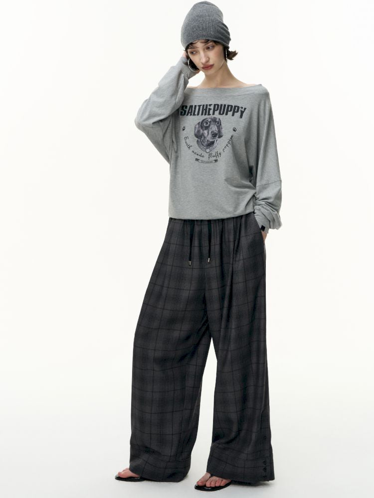 Puppy Printed Slant Shoulder Long Sleeve T-Shirt【s0000013744】
