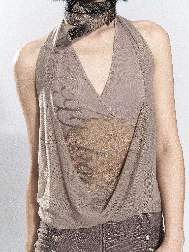 Mesh Silver Foil Printed Halter Top【s0000018485】