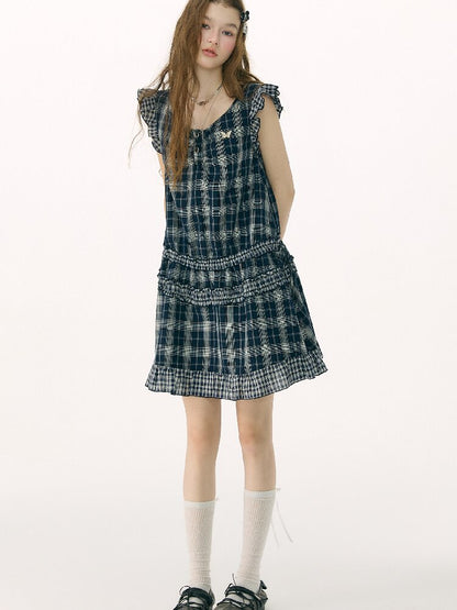 Spliced Plaid Flying Sleeve Dress【s0000016844】