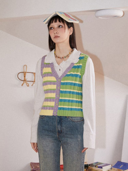 Striped Layered Knit Cardigan Vest [S0000010103]