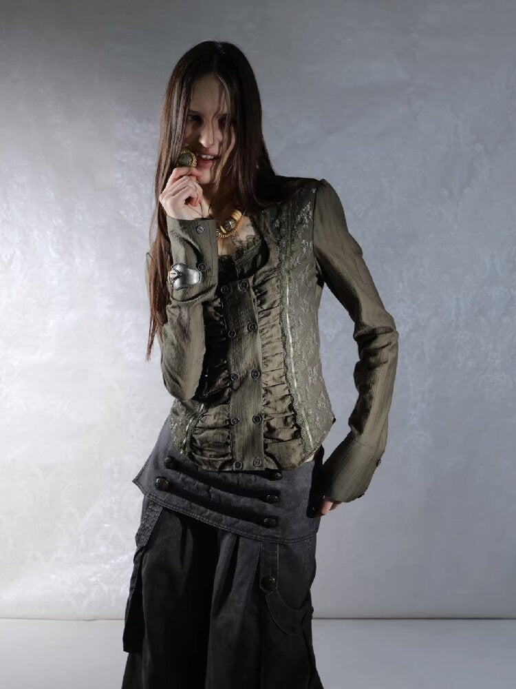 Vintage Lace Stitched Square Neck Shirt【s0000015910】