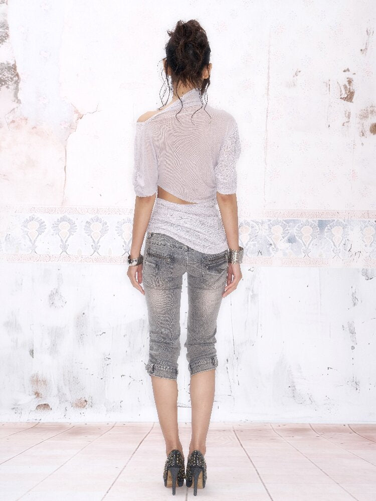 3-Tone Knitted Mesh Pleated T-Shirt【s0000016063】