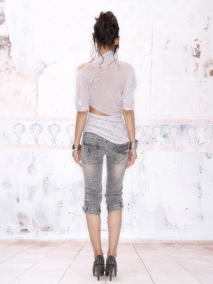 3-Tone Knitted Mesh Pleated T-Shirt【s0000016063】