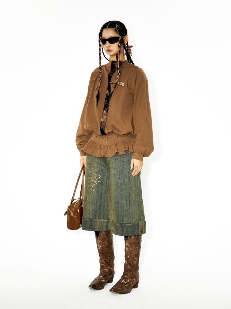 장식 된 렌더링 된 세척 데님 미디 바지 [S0000006271]