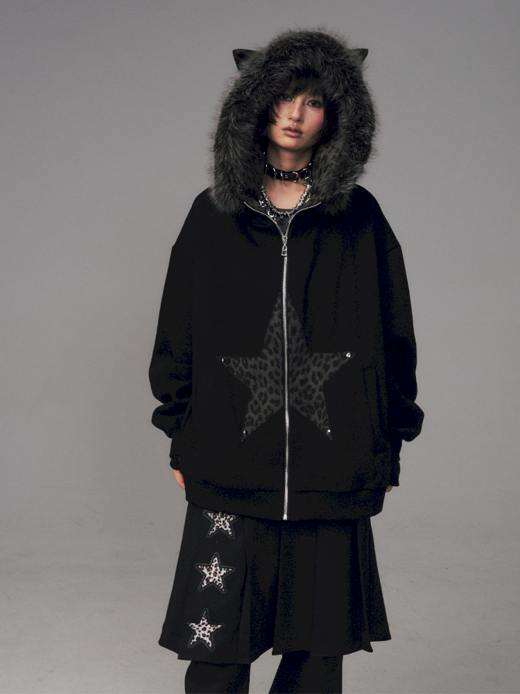 Cat Ears Leopard Print Fleece Hooded Jacket【s0000014708】