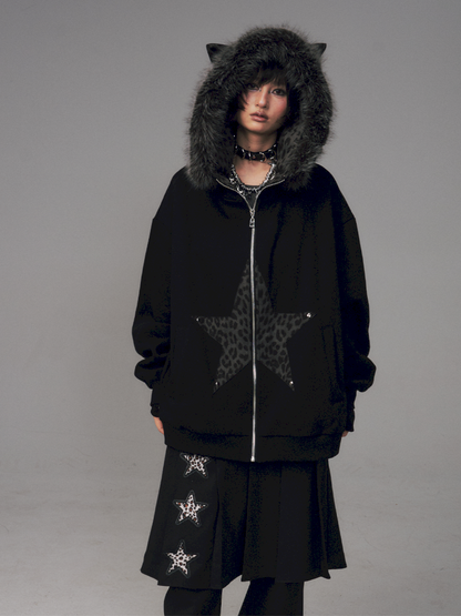 Cat Ears Leopard Print Fleece Hooded Jacket【s0000014708】