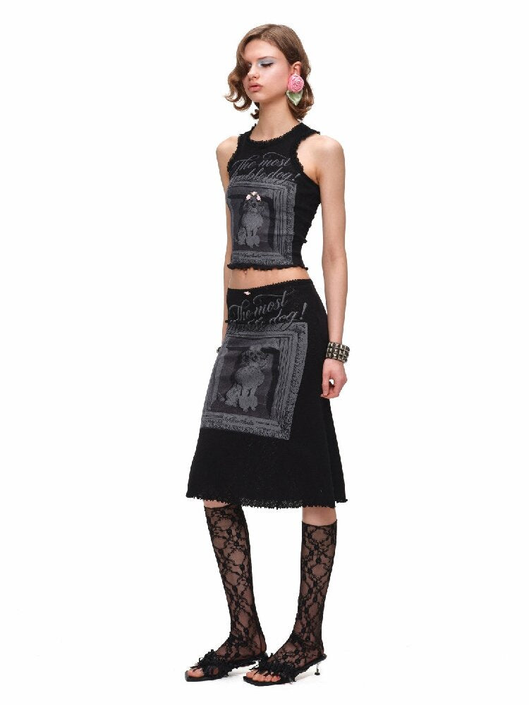 Vintage Dog Print Vest Midi Skirt【s0000016905】