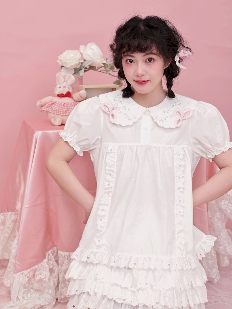Doll collar puff sleeve lace shirt【s0000012852】