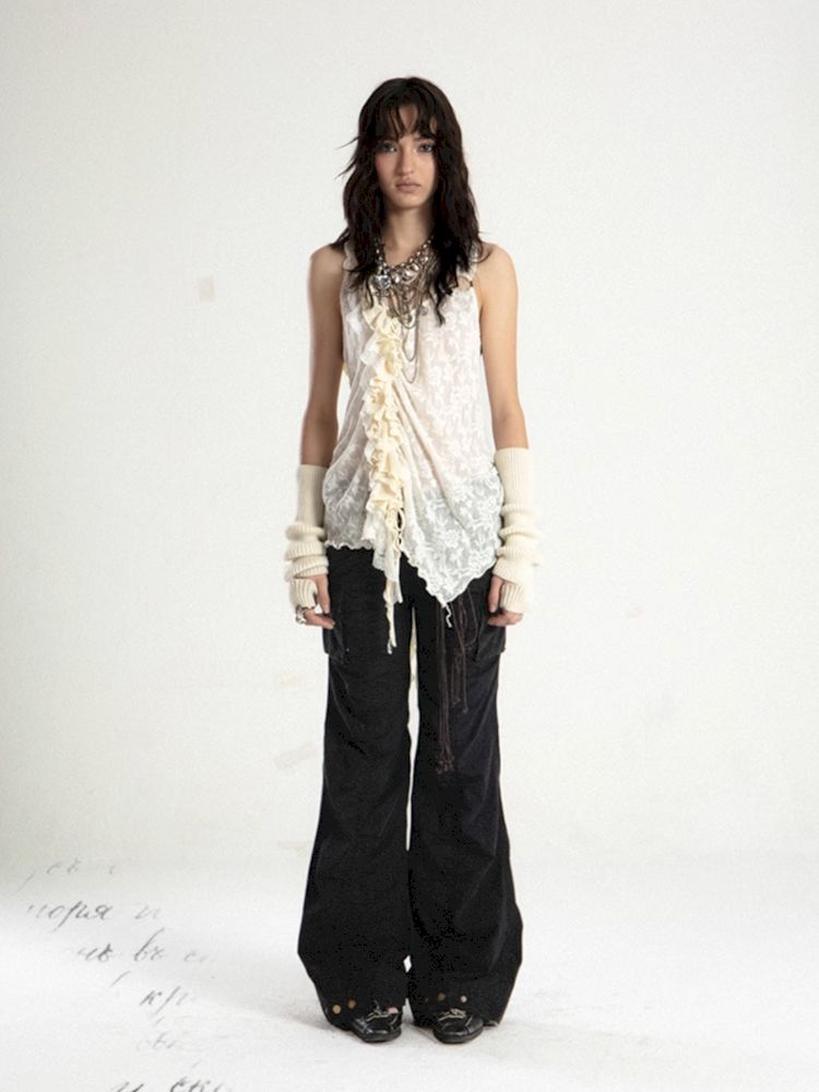 Spliced Ruffle Lace Dark Jacquard Camisole Tank Top【s0000008477】