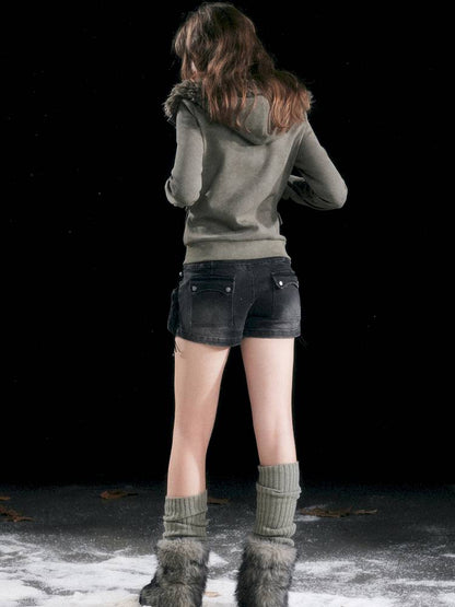 Vintage-Washed Slightly Stretch Denim Shorts【s0000014427】