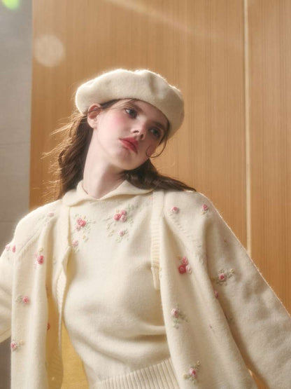 Wool Hand-Embroidered Flower Sweater Cardigan【s0000014891】