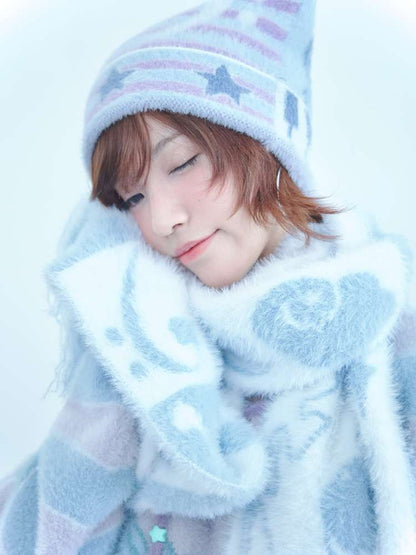 Blue White Polka Dot Mink Fringe Scarf【s0000014690】