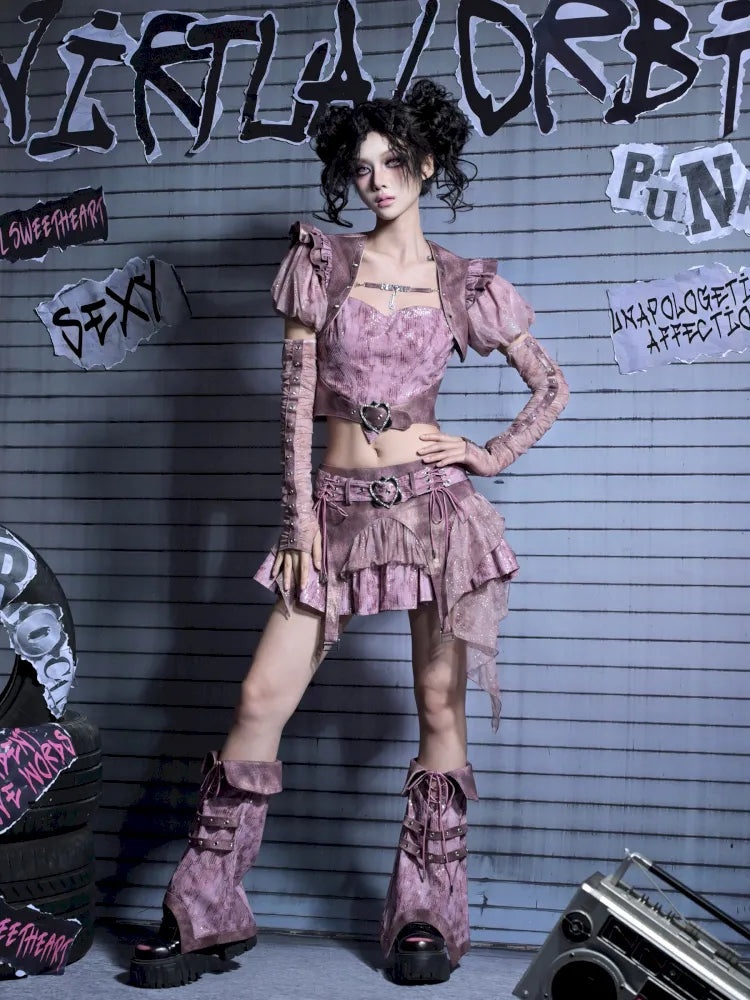 Puff Sleeve Heart-Print Strapless Two-Piece Top【s0000014027】