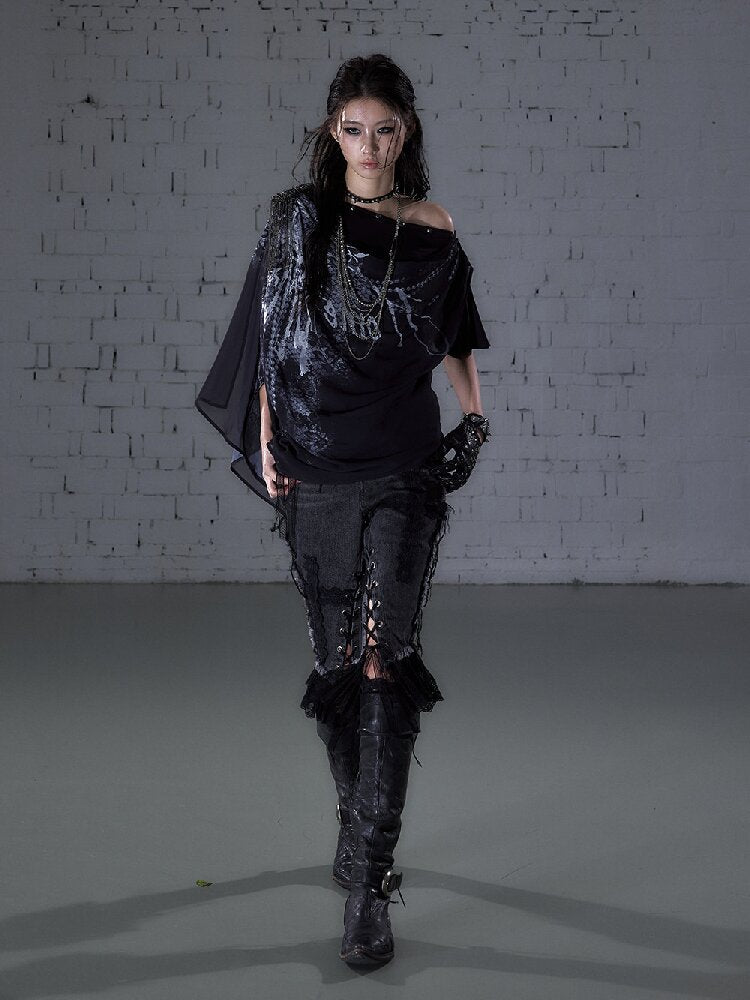 Print Chiffon Swing Collar T-Shirt【s0000016209】