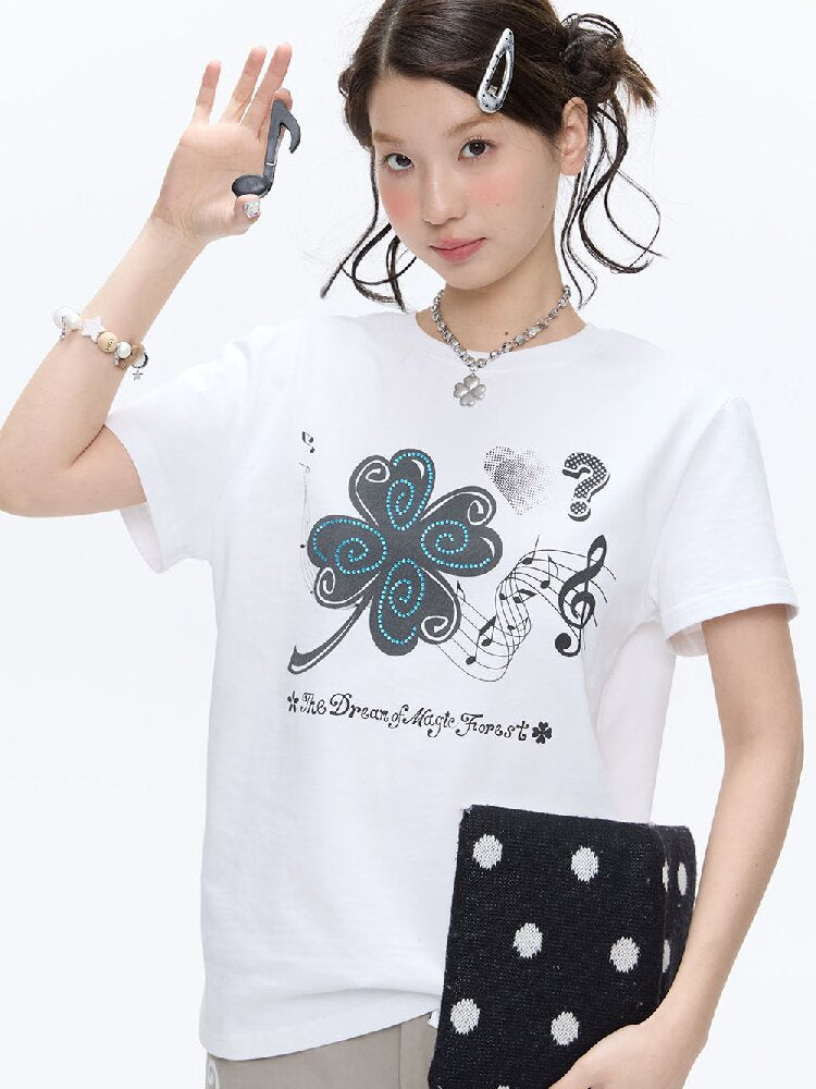 White Melody Shoulder Sleeve T-Shirt【s0000016381】