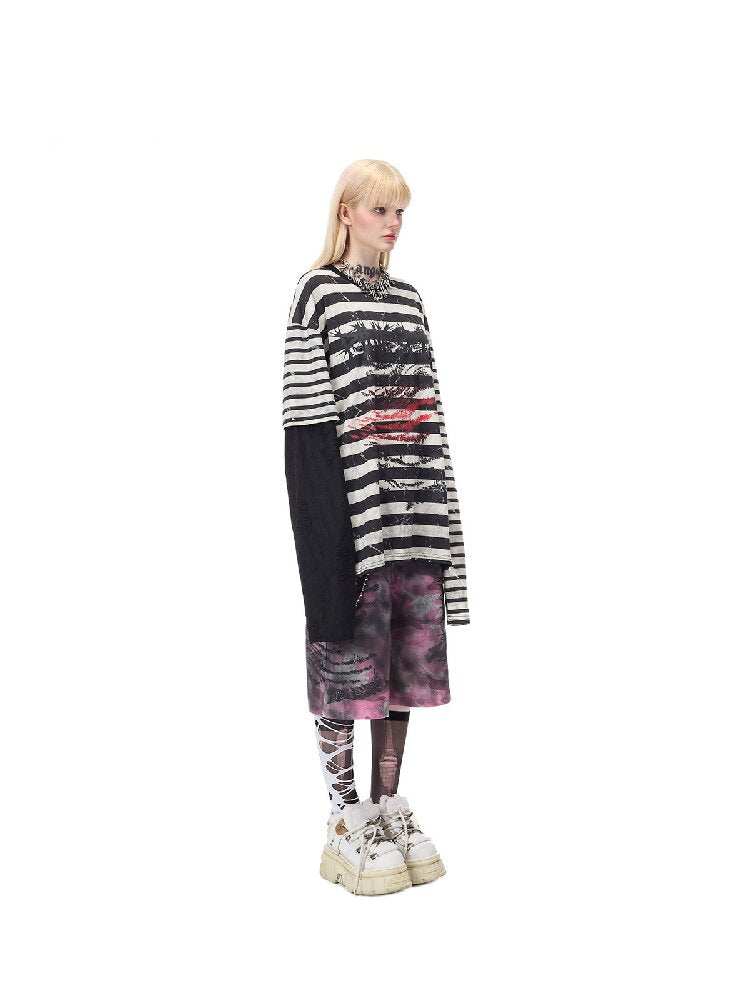 Burnt Flower Stripe Raglan T-Shirt【s0000017729】