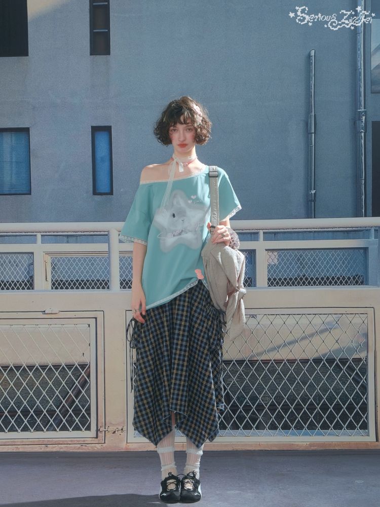 Lace edge large round neck loose short sleeve t-shirt【s0000013373】