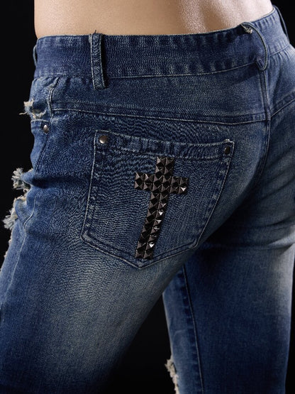 Elastic Cross Riveted Flared Jeans【s0000018512】