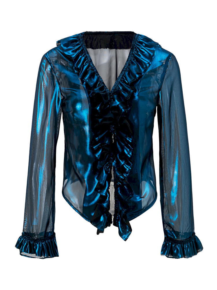 Metallic-colored broken polarized blue mesh cardigan【s0000013178】