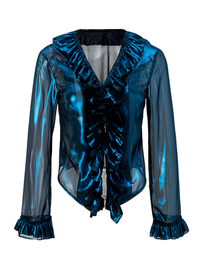 Metallic-colored broken polarized blue mesh cardigan【s0000013178】