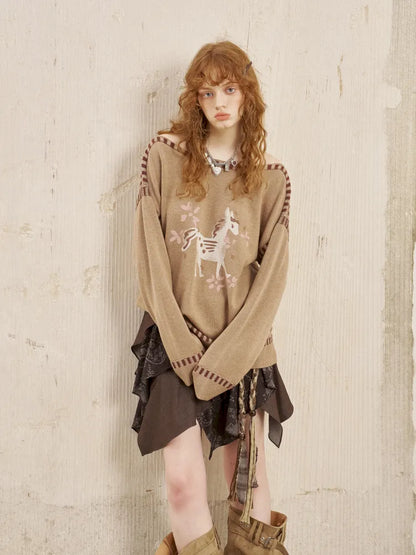 Off-the-shoulder poncho print knit sweater【s0000014063】