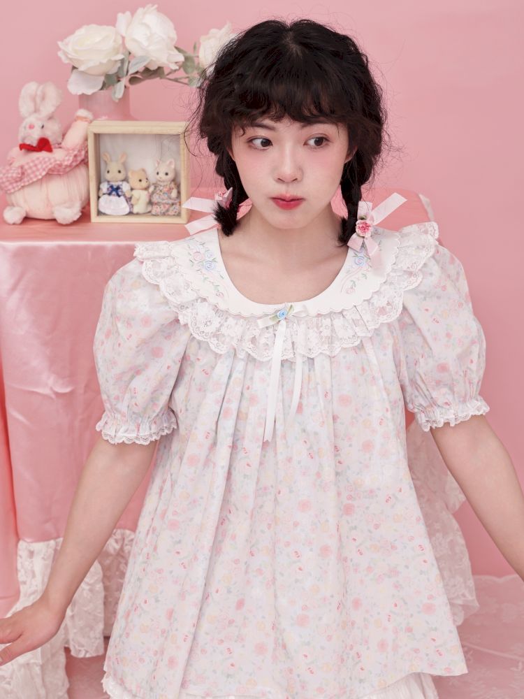 Rose pattern puff sleeve top【s0000012851】