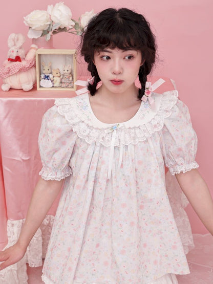 Rose pattern puff sleeve top【s0000012851】