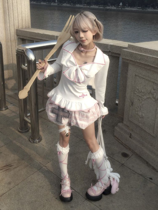 Lace Large Embroidered Bow Tops T-Shirt【s0000011844】