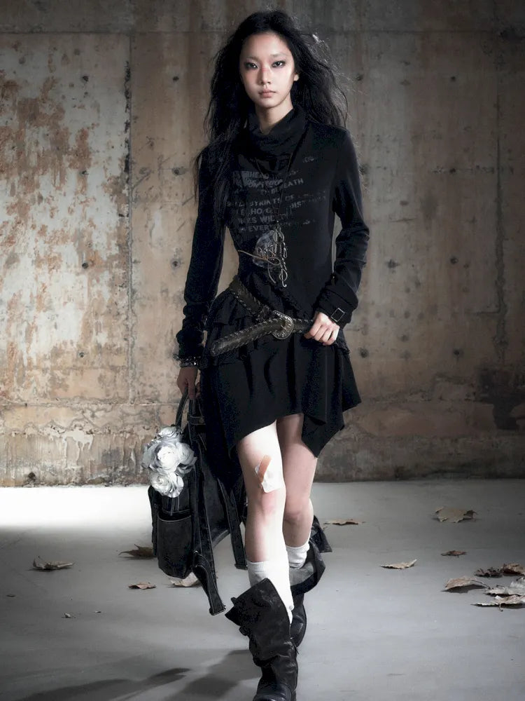 Asymmetric Collar Long-Sleeve Dress【s0000013960】