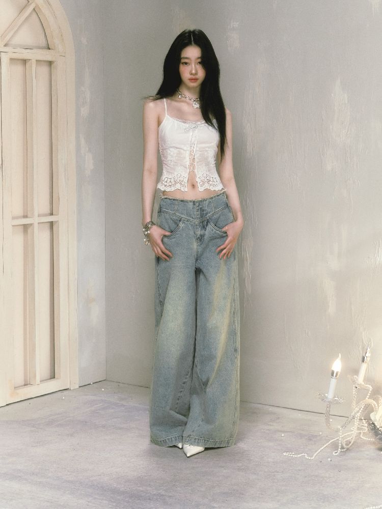 Wide-leg broken holes micro-laundry jeans【s0000012140】