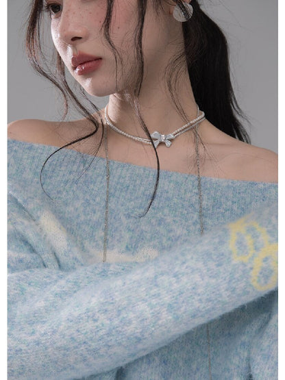 Blue One-Shoulder Jacquard Sweater【s0000015736】