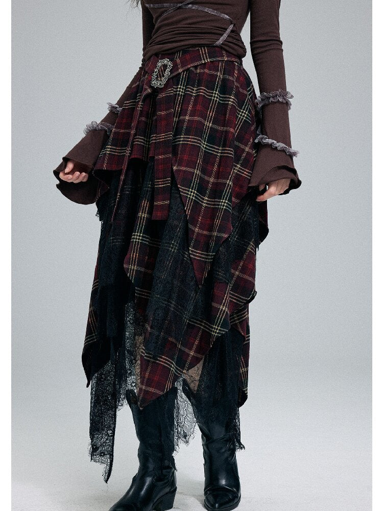 Damaged Plaid Lace Irregular Skirt【s0000016263】