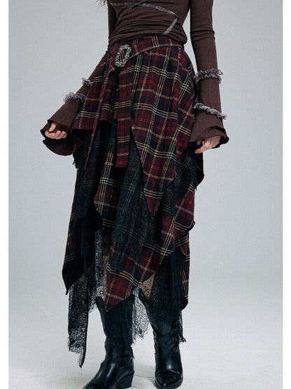 Damaged Plaid Lace Irregular Skirt【s0000016263】