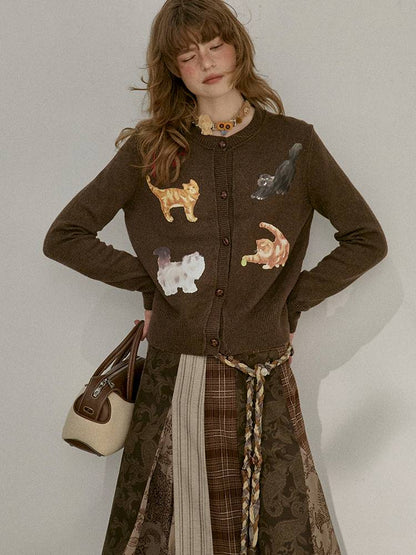 Playful Kitten Print Knit Cardigan【s0000014395】