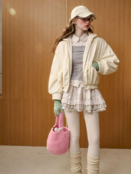 Cream Leather Doll Collar Leather Jacket【s0000014885】