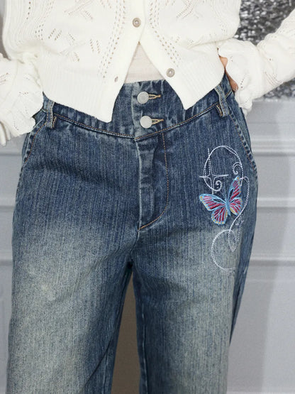 Butterfly Embroidered Slightly Flared Jeans【s0000013987】