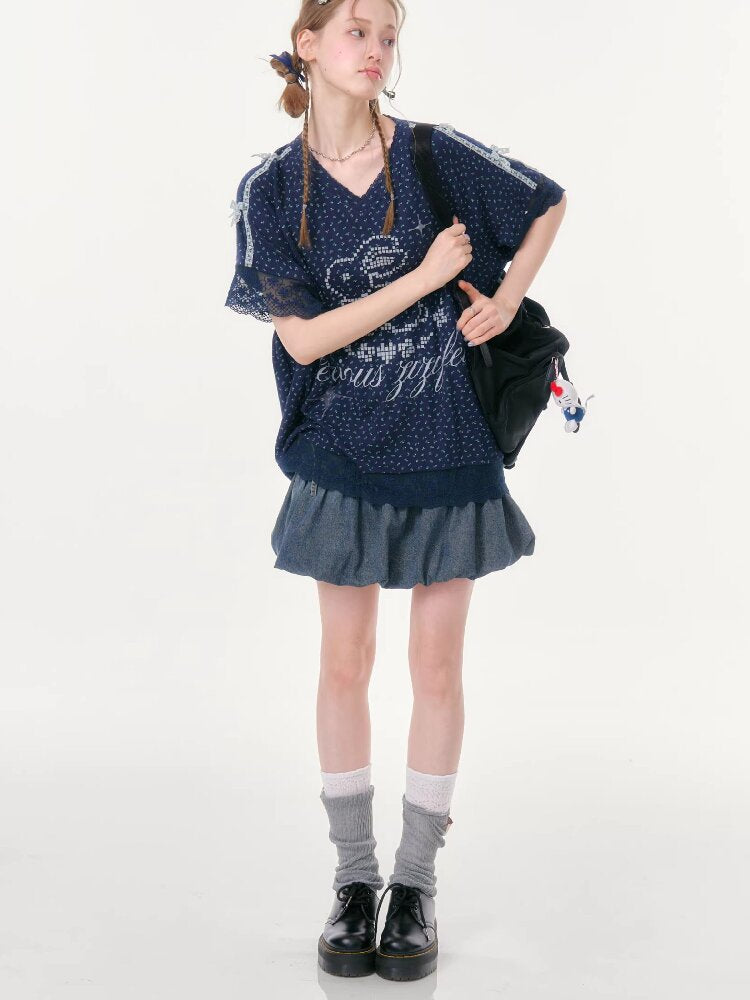 Dark Blue Rabbit Floral Lace T-Shirt【s0000016602】