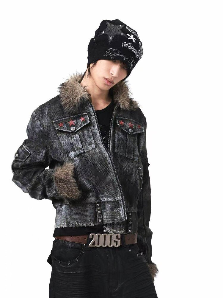 Washed Rivet Fur Collar Jacket【s0000018201】