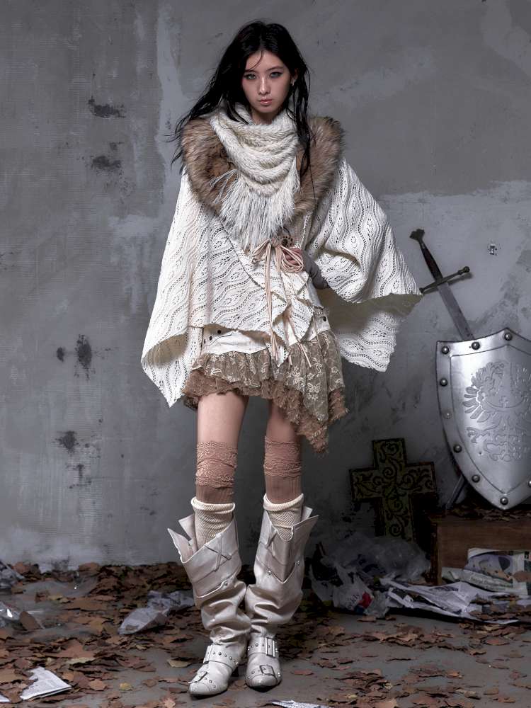 Knit Fur Collar Shawl Cape【s0000014659】