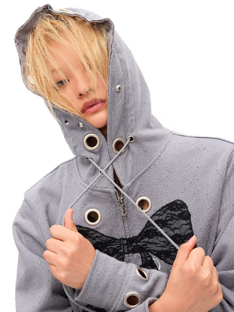 Lace Bow Rivet Distressed Jacket【s0000016495】