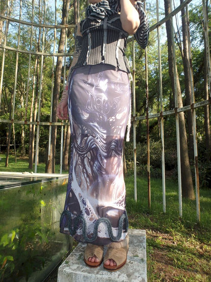 Printed Shaped Slit Mesh Half-body Dress【s0000012466】