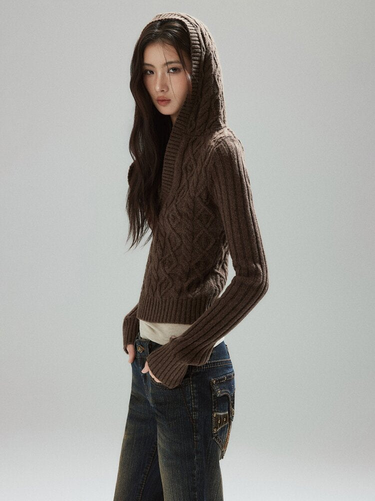 Coffee V-Neck Cropped Wool Sweater【s0000015597】