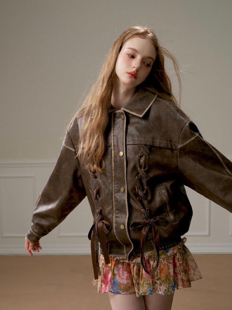 Lace Tie Brown Washed Scrub Color Fur Coat【s0000005321】