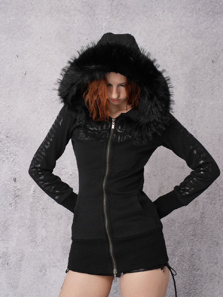 Glossy Black Fleece Hooded Fur Sweatshirt【s0000019103】